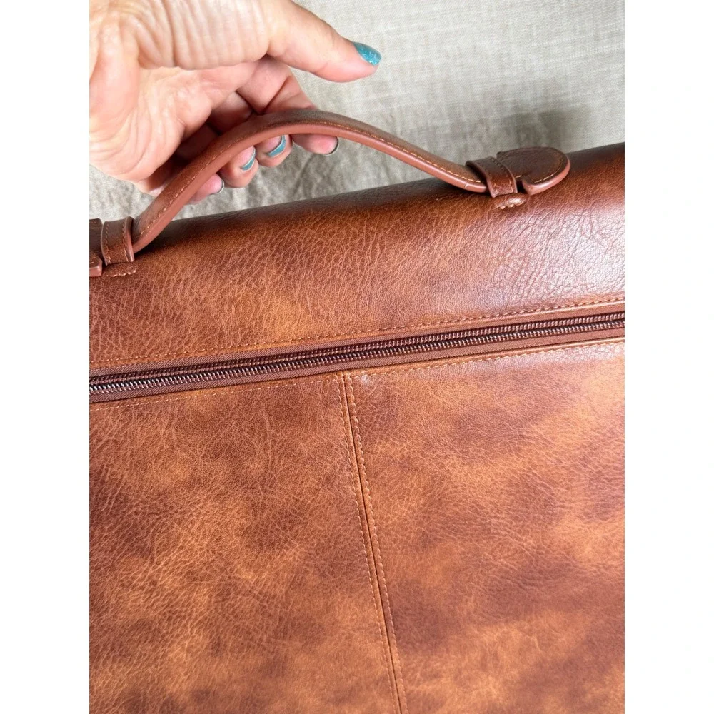 Vintage Cognac Faux Leather Portfolio Organizer Zip Folio Business Case